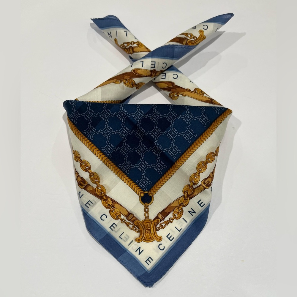 Celine Vintage Handkerchiefs Scarf Bannada Logo Blue Cotton Pocket Square 19.5”